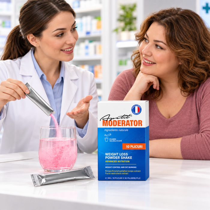 Farmacistă explicând unei cliente utilizarea Apetit Moderator 10 plicuri