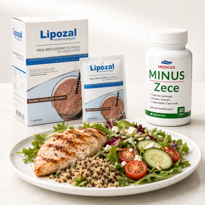 Minus Zece și Lipozal Shake prezentate lângă o masă sănătoasă
