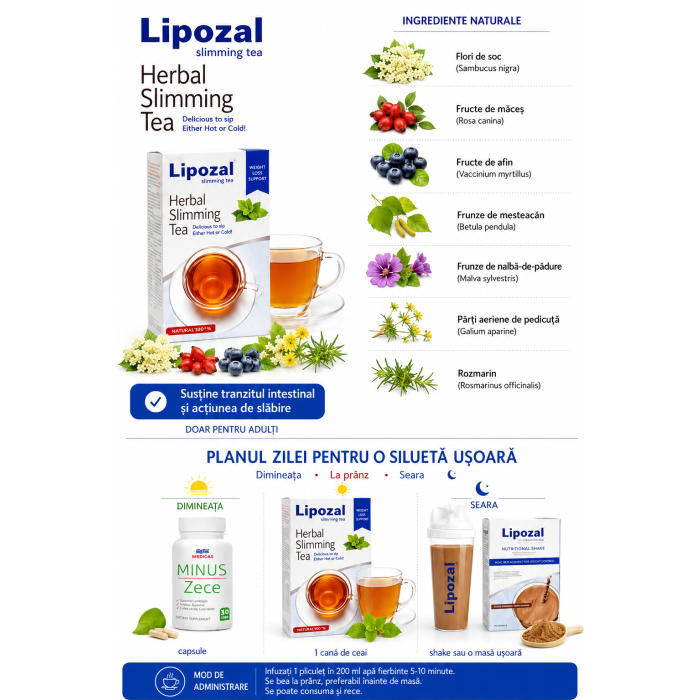 Ingrediente naturale Lipozal Herbal Slimming Tea și program zilnic pentru siluetă