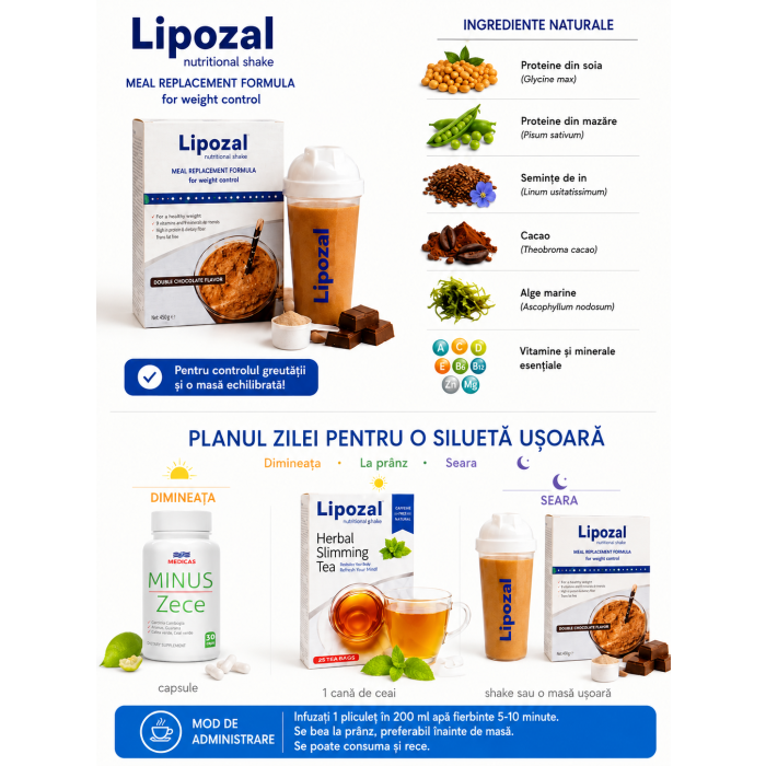 Ingrediente Lipozal Shake și plan zilnic cu Minus Zece și ceai Lipozal