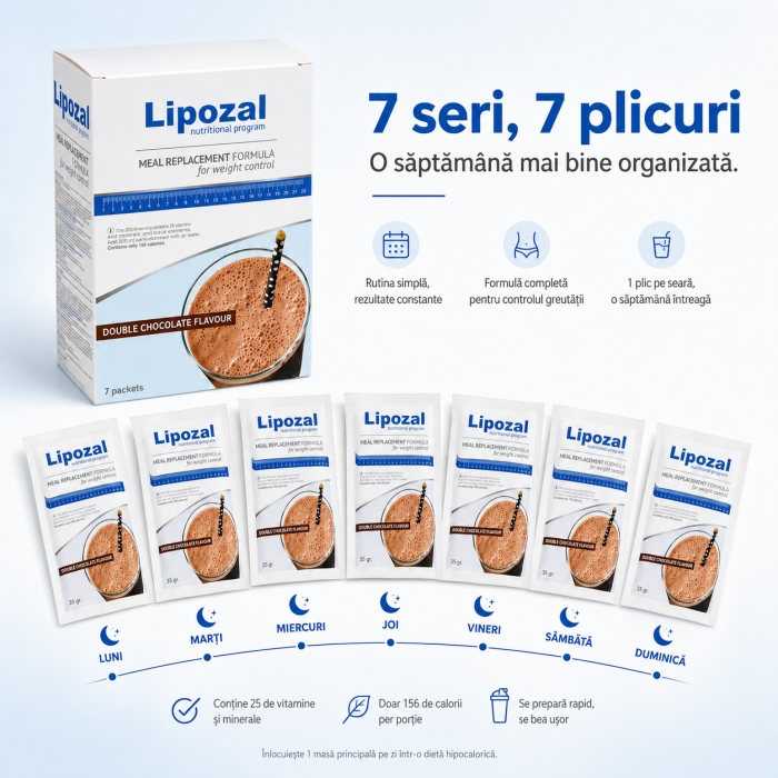 Lipozal Double Chocolate Shake 7 plicuri, prezentare cu plicuri individuale și beneficii