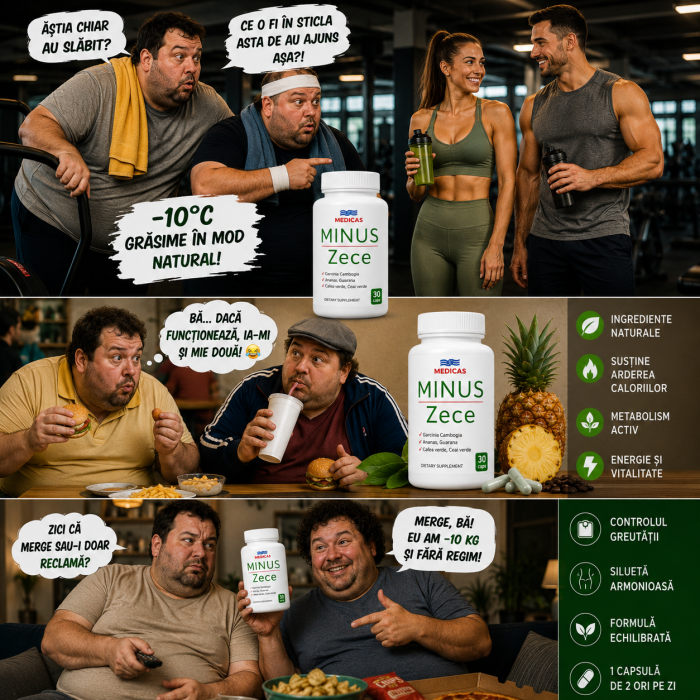 Minus Zece Medicas 30 capsule într-o imagine amuzantă despre controlul greutății și stil de viață activ
