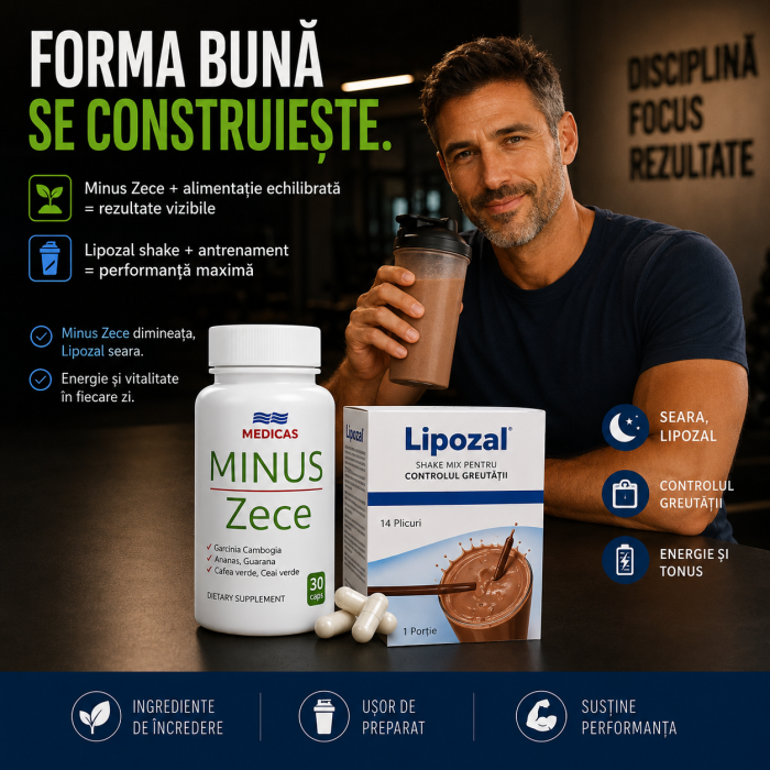 Bărbat activ cu pachetul Minus Zece și Lipozal Shake