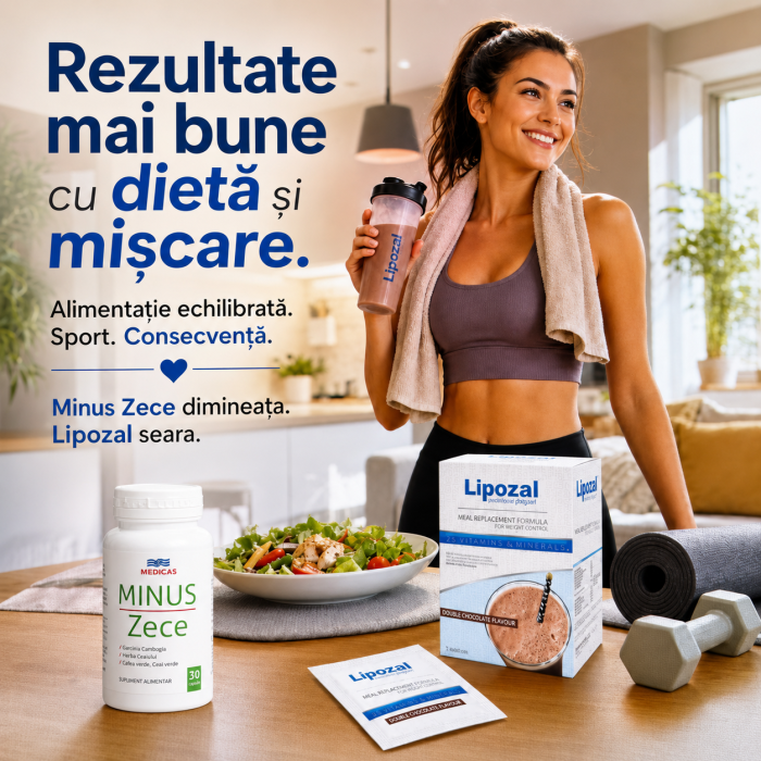 Bărbat activ cu pachetul Minus Zece și Lipozal Shake