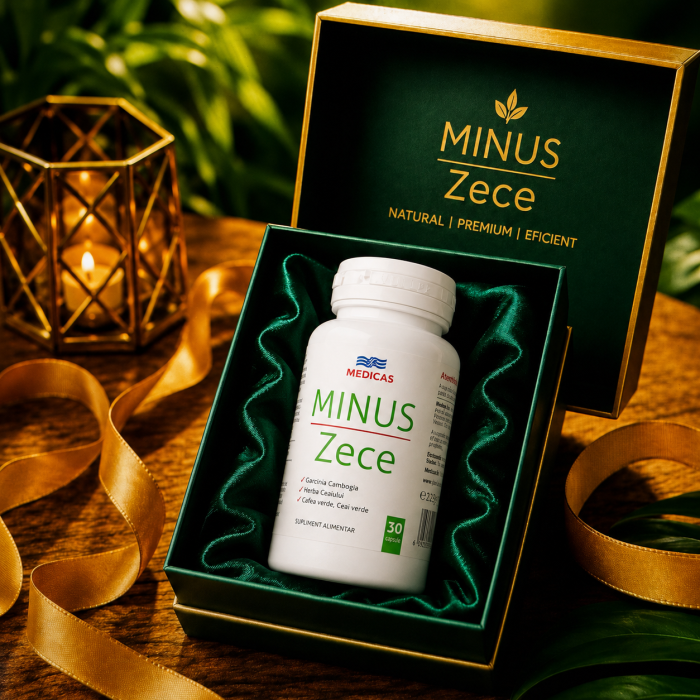 Minus Zece Medicas în prezentare premium pe fundal negru și auriu
