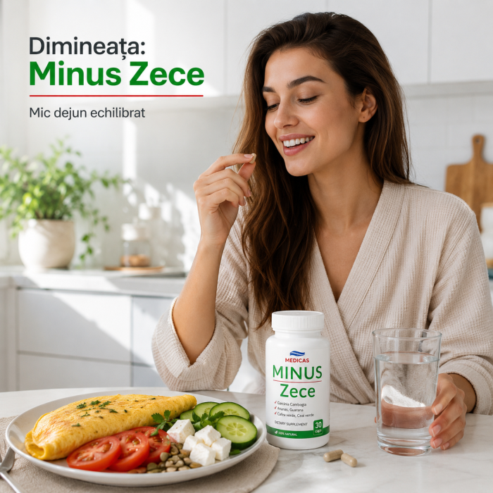Femeie la micul dejun alături de flaconul Minus Zece