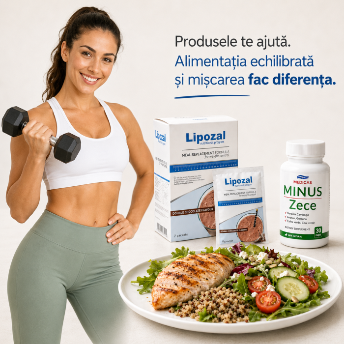 Femeie activă cu pachet Minus Zece și Lipozal și masă echilibrată