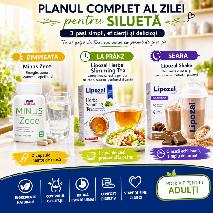 Plan complet pentru siluetă cu Minus Zece, Lipozal Herbal Slimming Tea și Lipozal Shake
