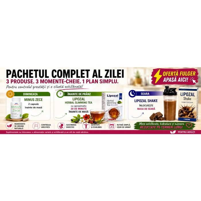 Program zilnic cu Minus Zece, Lipozal Herbal Slimming Tea și Lipozal Shake