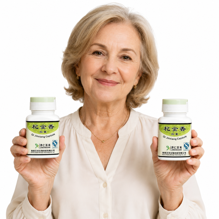 Doamnă ținând în mâini două flacoane Qi Jinxiang 60 capsule