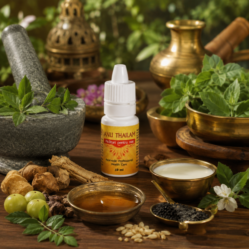 Anu Thailam în decor ayurvedic cu plante medicinale