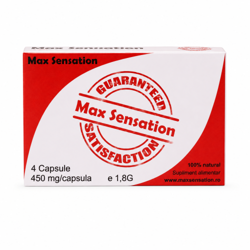 Max Sensation 4 capsule supliment alimentar natural, cutie pe fundal alb.