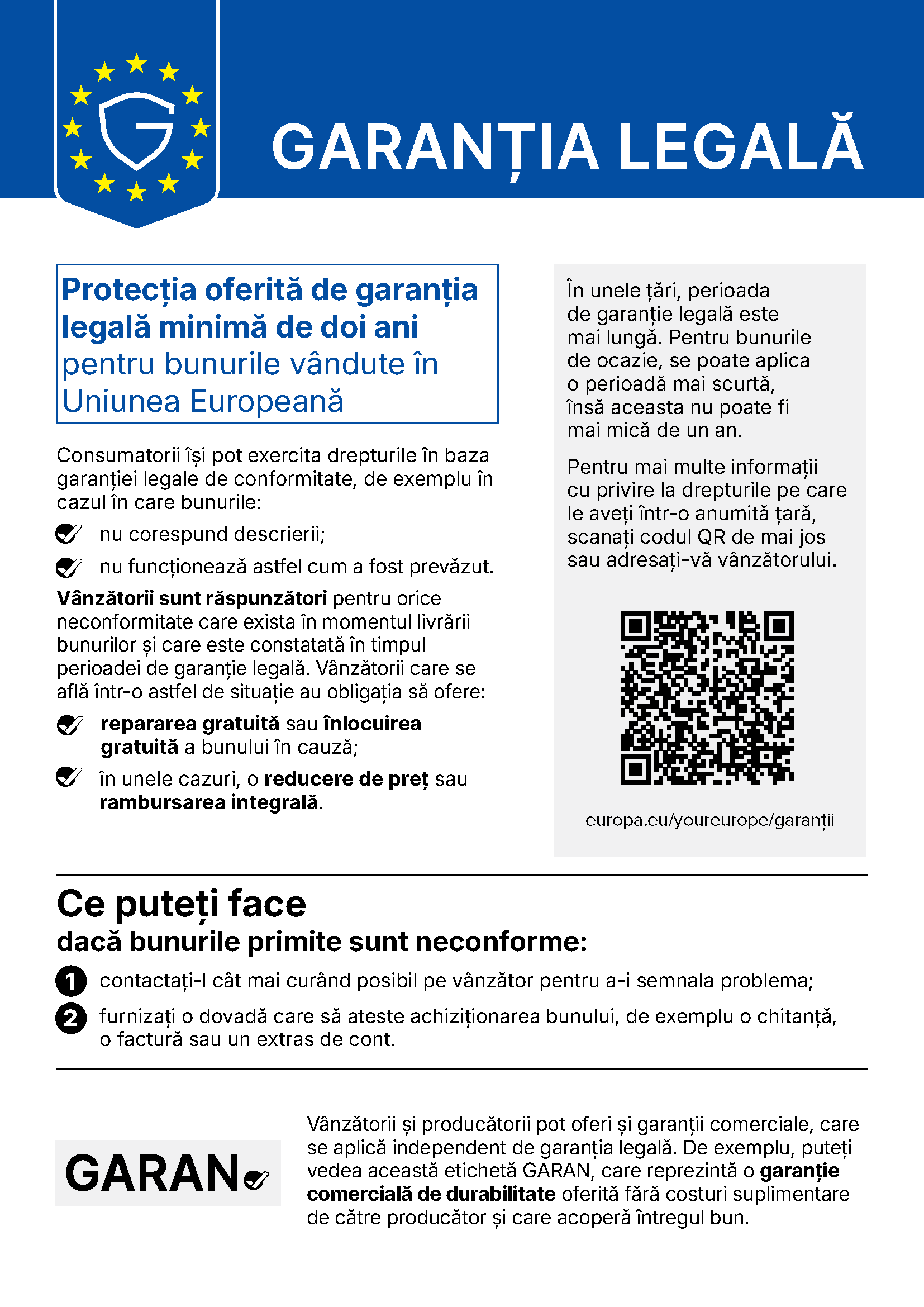 Garanția legală - notificare armonizată UE: protecția oferită de garanția legală minimă de doi ani pentru bunurile vândute în Uniunea Europeană